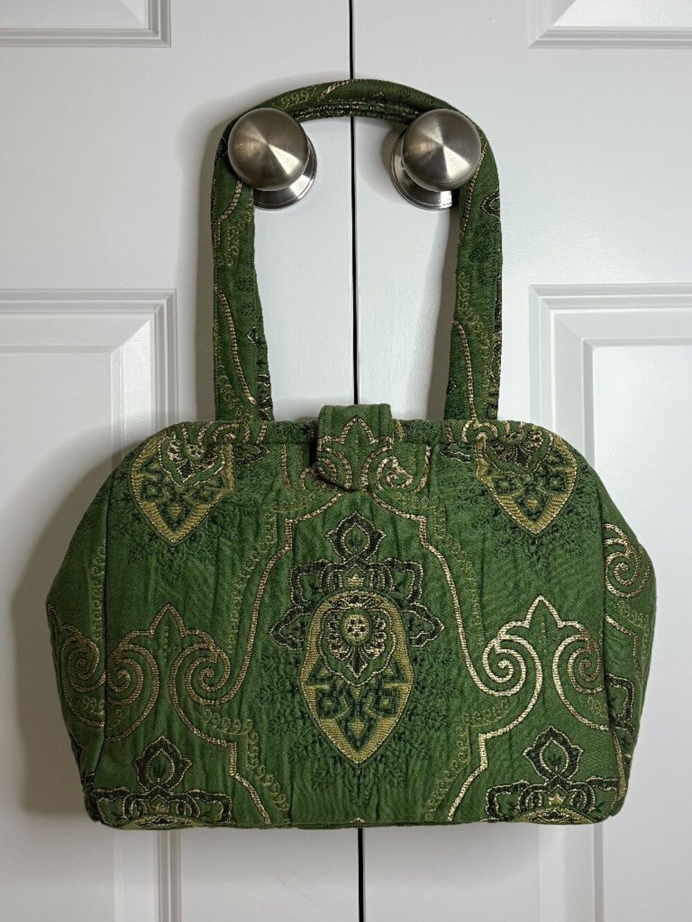 Victoria Horner Charlottesville Green & Gold Jacquard Fabric Doctor’s Bag EUC